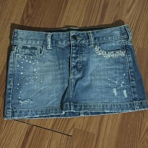 Vintage Y2k Hollister Light Blue Denim Rhinestone Embellished Mini‎ Skirt Size 1